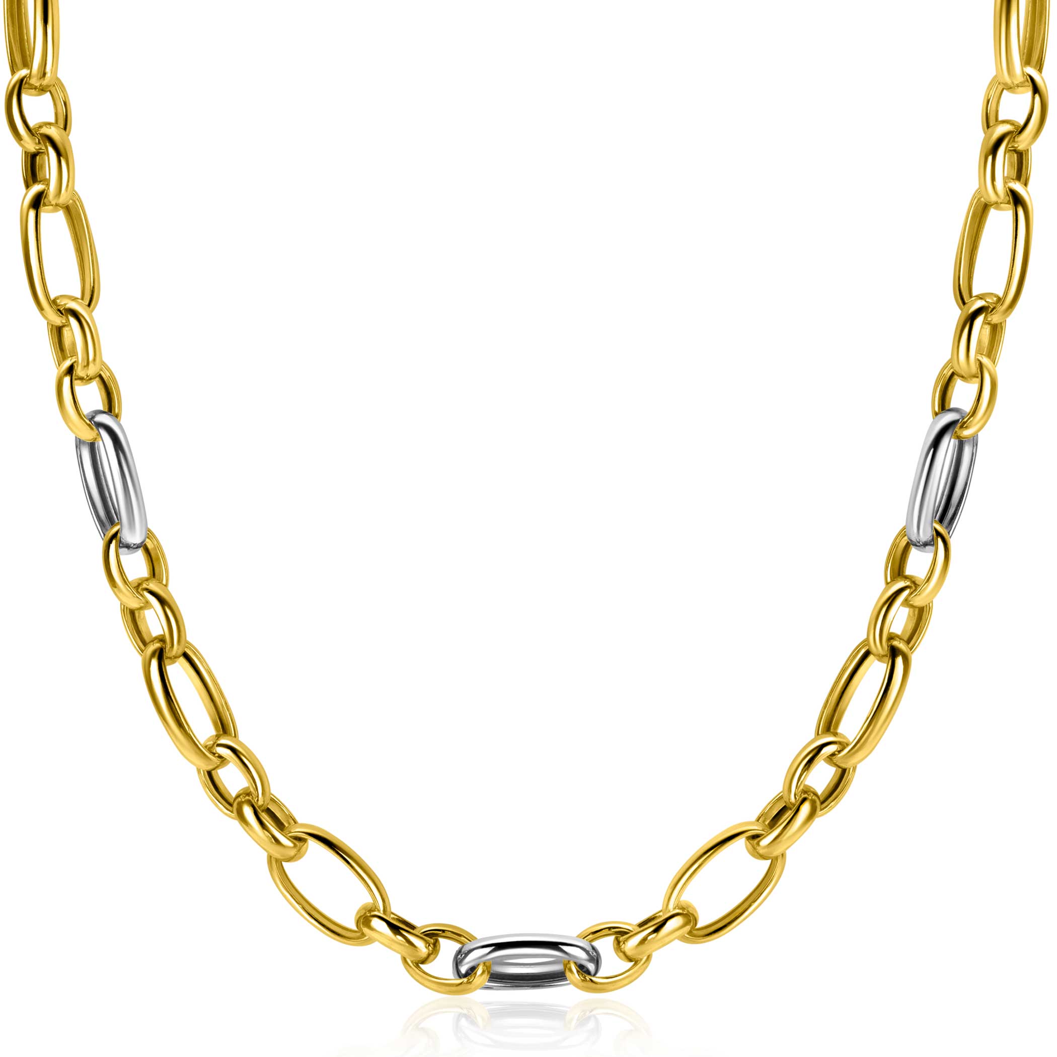 ZINZI bicolor chain necklace (7mm wide) with alternating gold plated jasseron links and large silver oval links 45cm ZIC2639