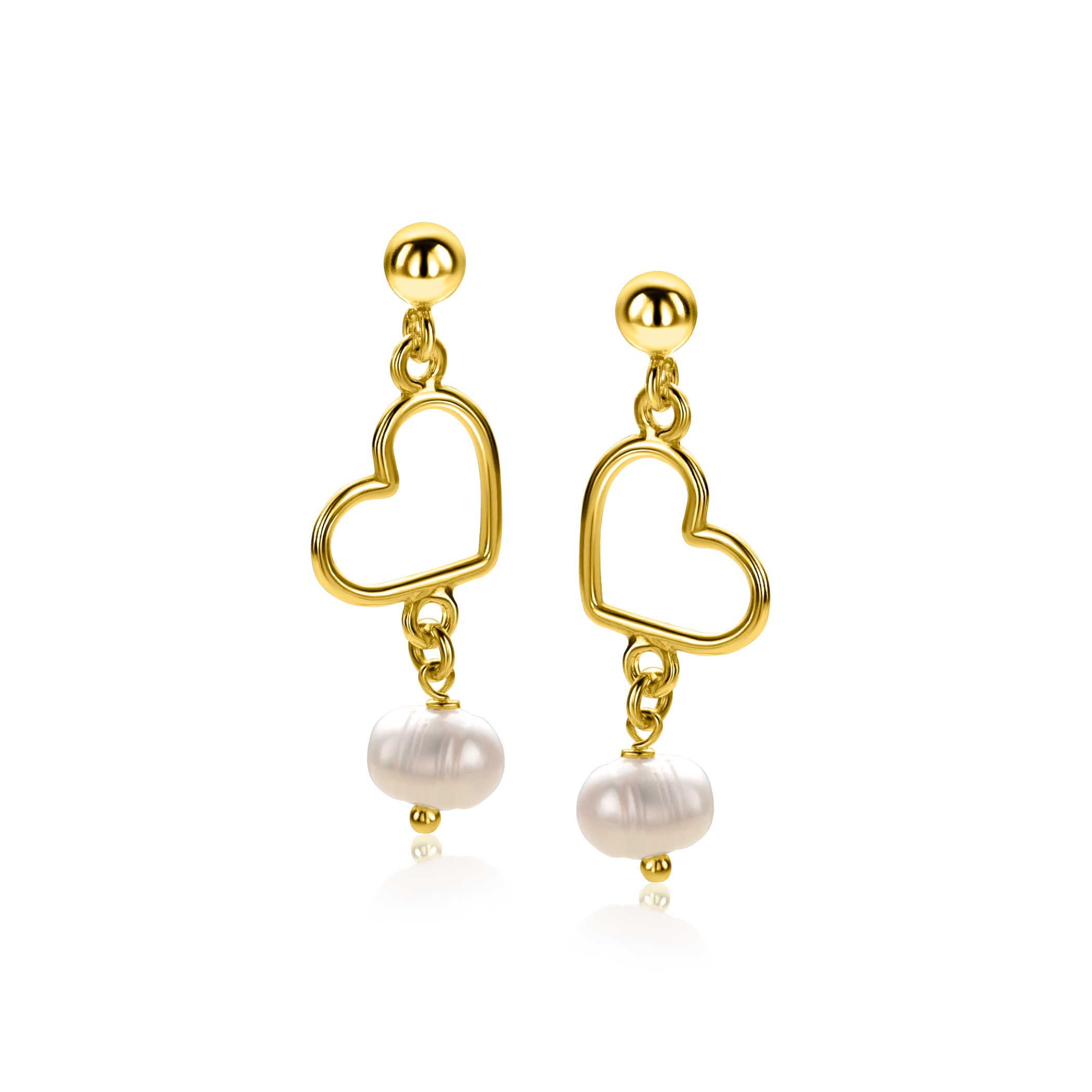 30mm ZINZI gold plated silver stud earrings with open heart and dangling white freshwater pearl ZIO2642