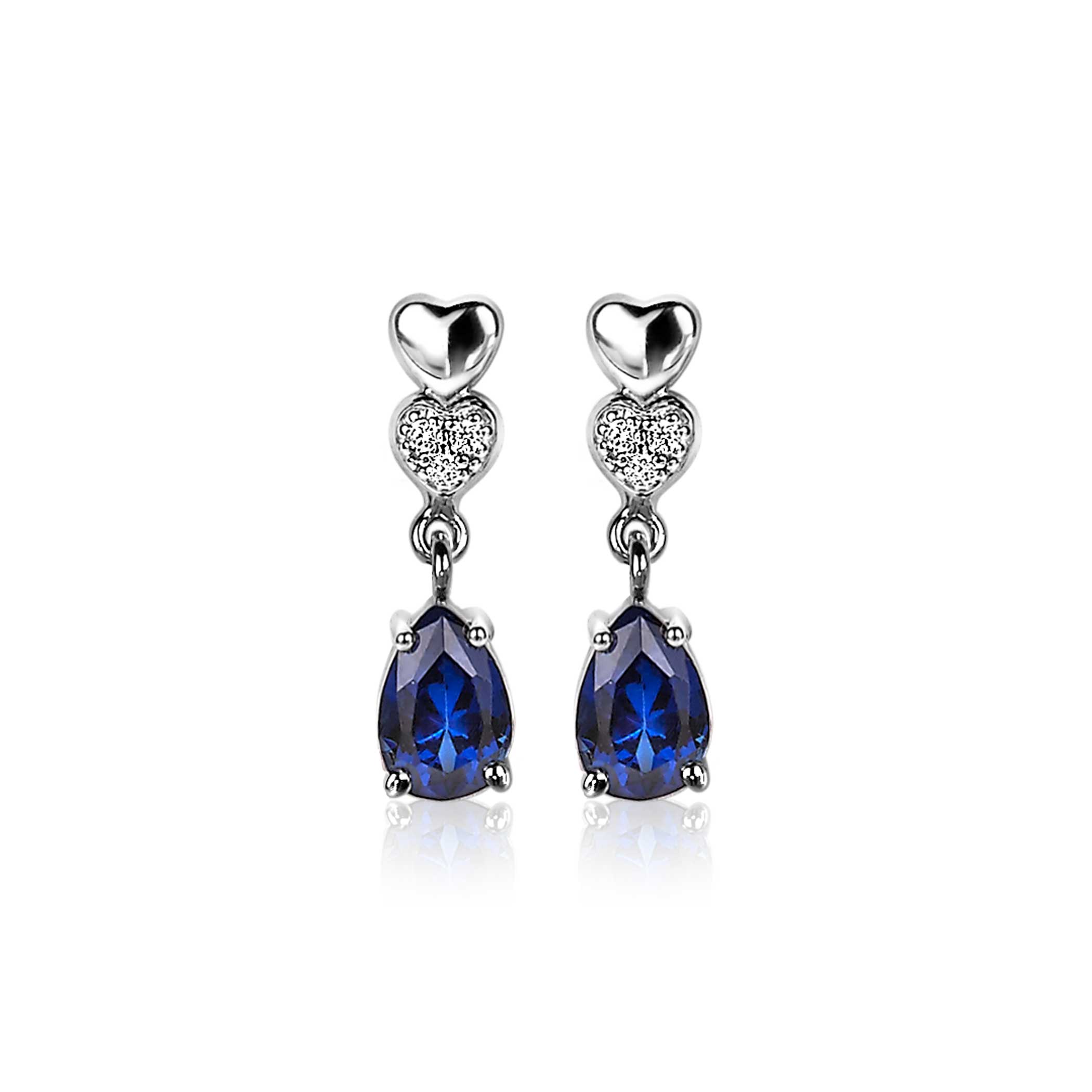 15mm ZINZI Sterling Silver Stud Earrings Hearts Drop White Blue ZIO2124