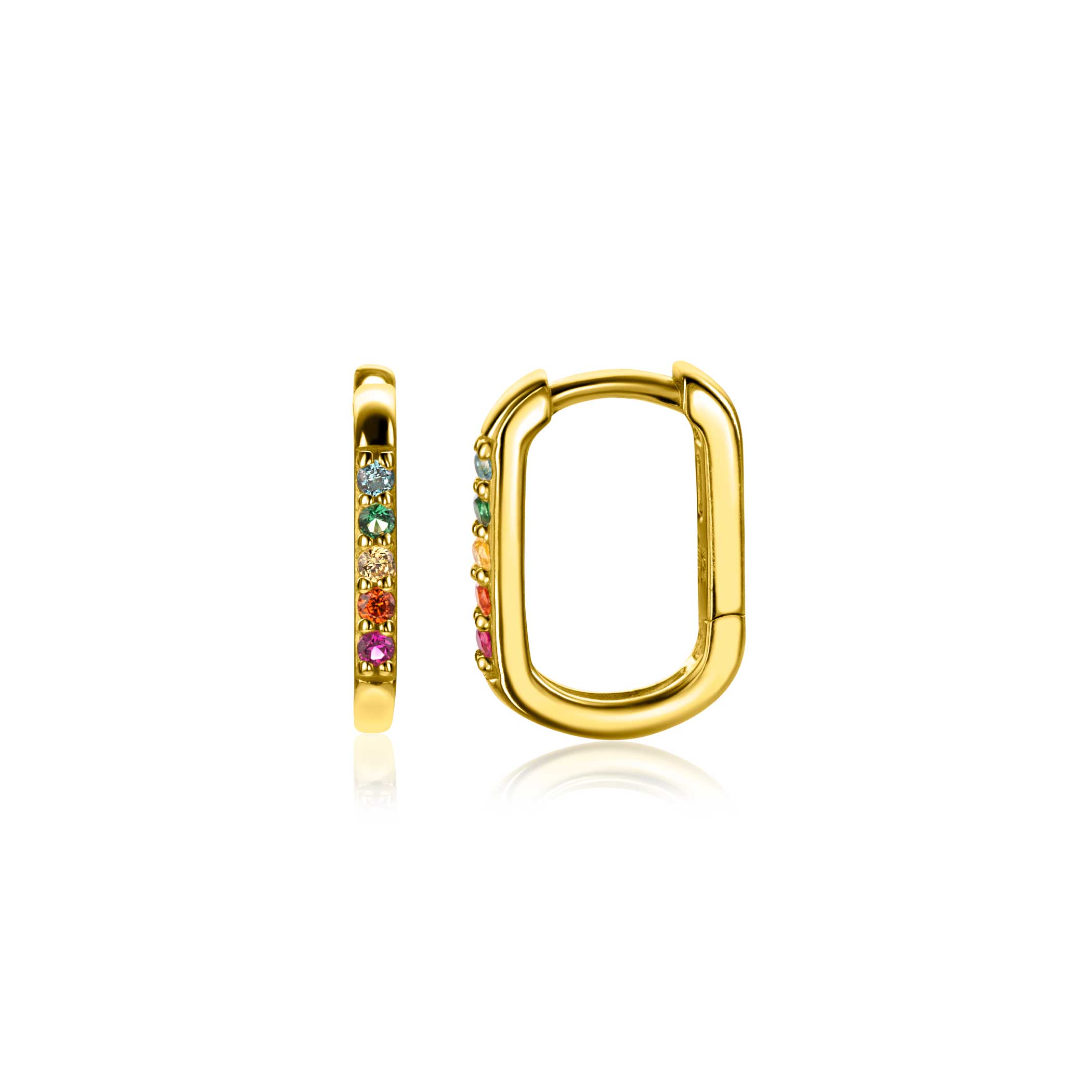 14mm ZINZI gold plated silver luxury hoops in oval shape set with rainbow coloured stones ZIO2598