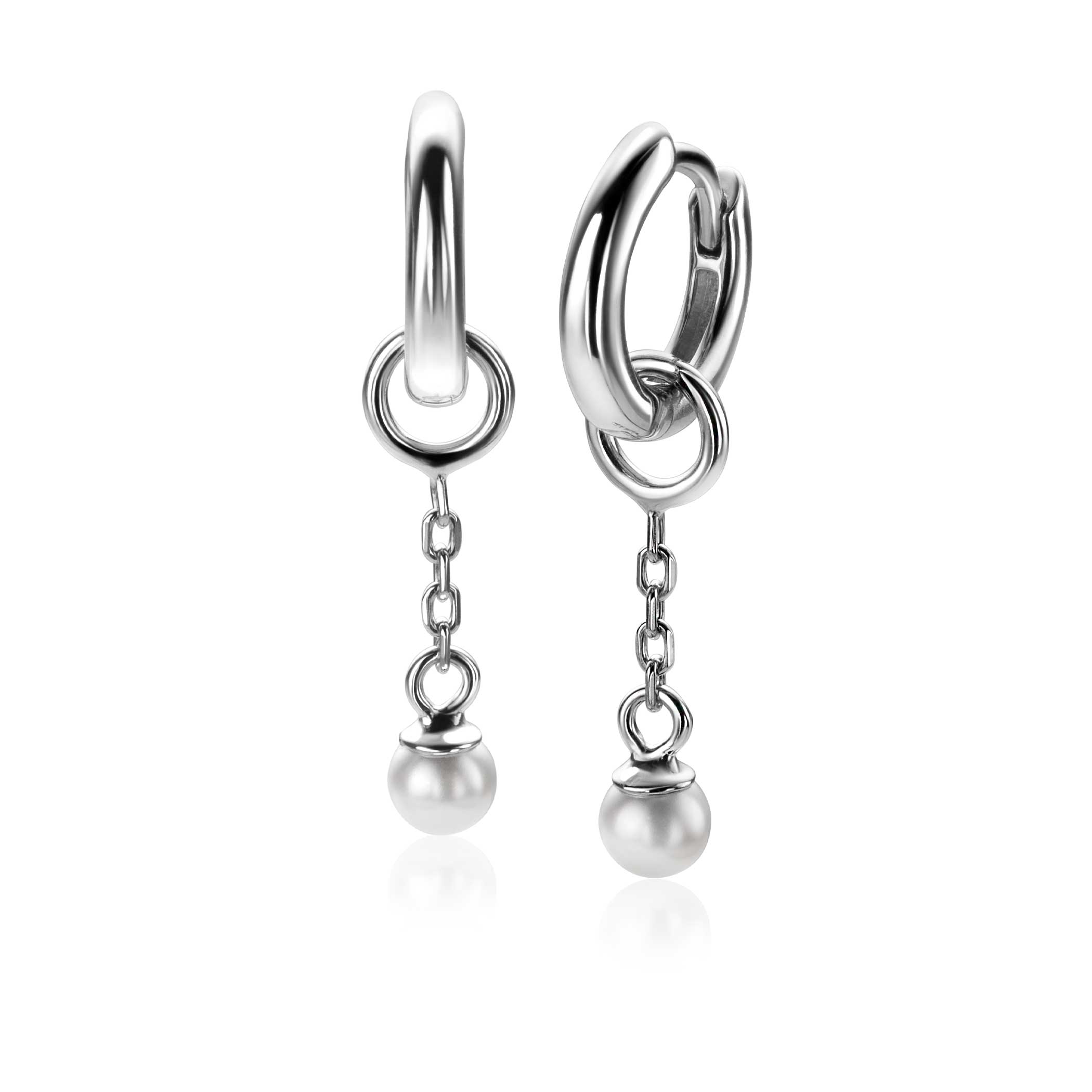 18mm ZINZI silver charm earrings with chain and round white glass pearl 4mm ZICH2623 (without hoops earrings)