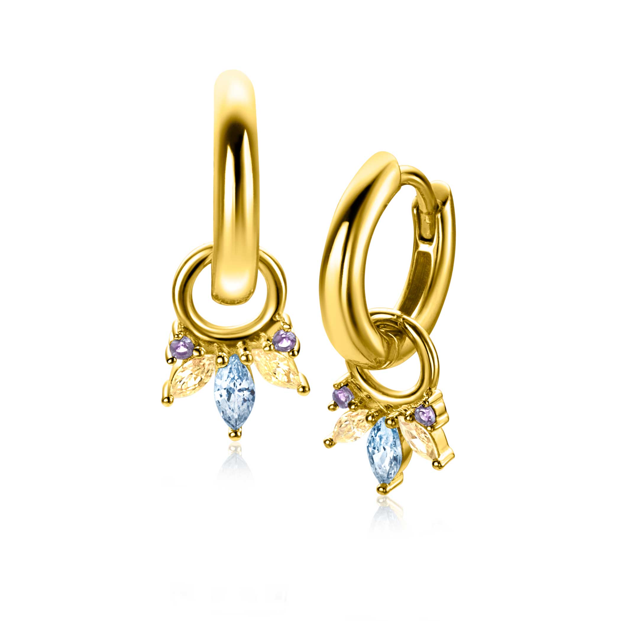 10mm ZINZI gold plated silver charm earrings with five playful settings in descending size, set with purple, champagne and blue gemstones ZICH2633BC (without hoops earrings)