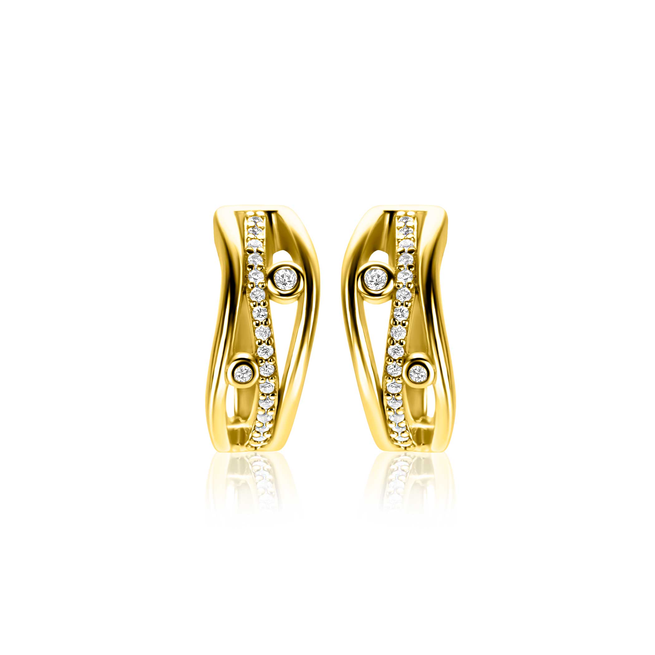 16mm ZINZI gold plated silver multi-look hoop earrings in wavy design, set with white cubic zirconias and luxury clasp ZIO2685