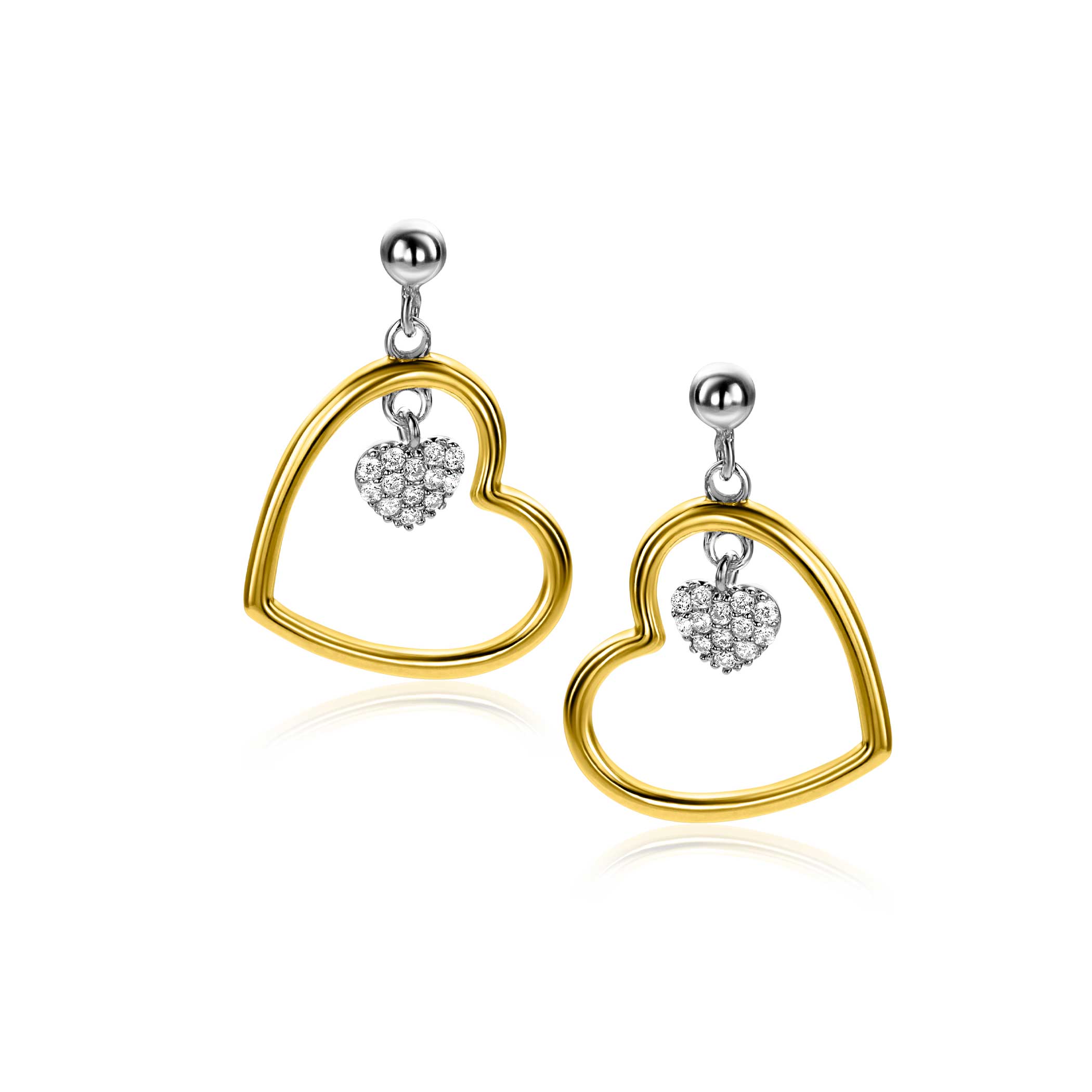 20mm ZINZI gold plated silver stud earrings open heart 15mm and dangling heart set with white zirconia ZIO2621