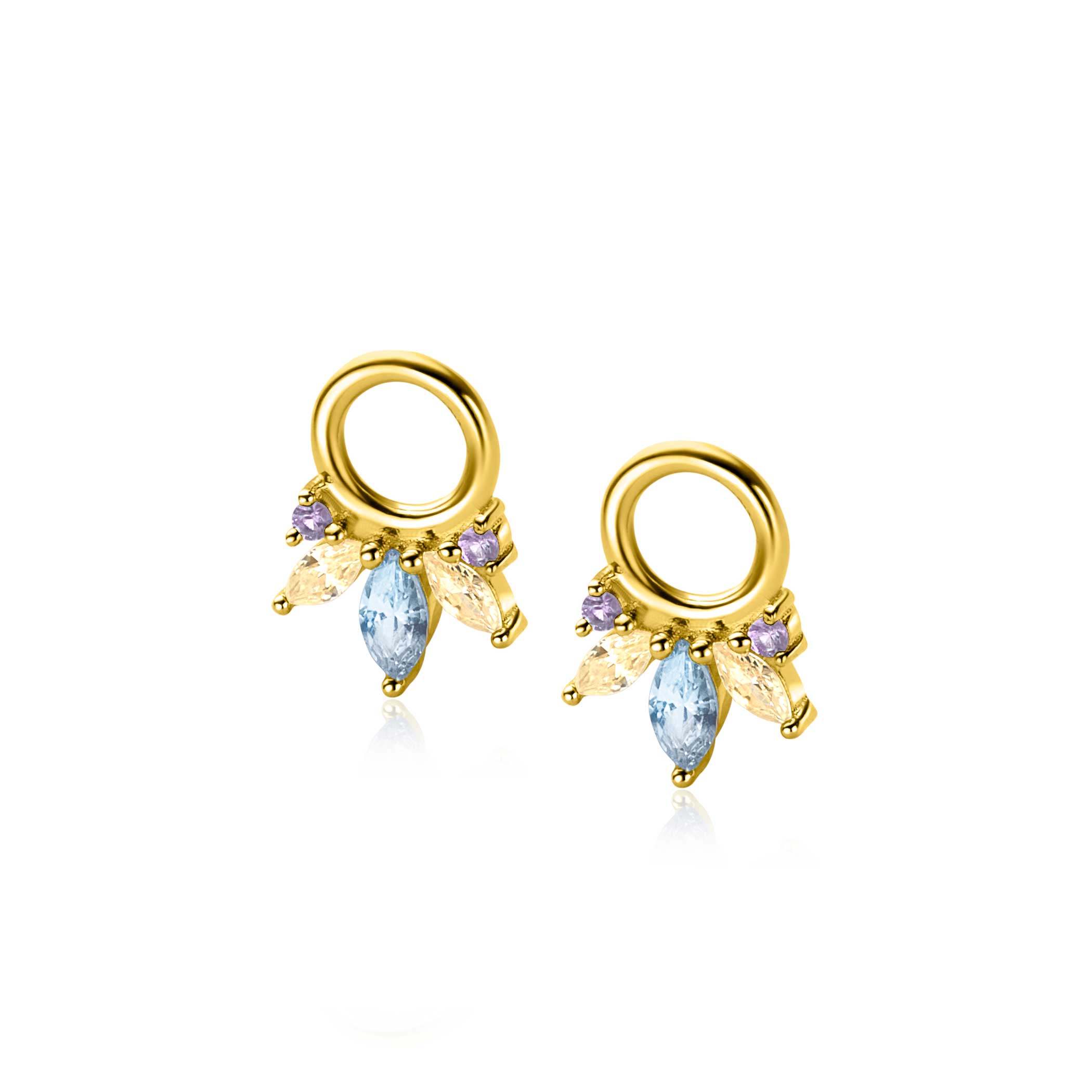 10mm ZINZI gold plated silver charm earrings with five playful settings in descending size, set with purple, champagne and blue gemstones ZICH2633BC (without hoops earrings)