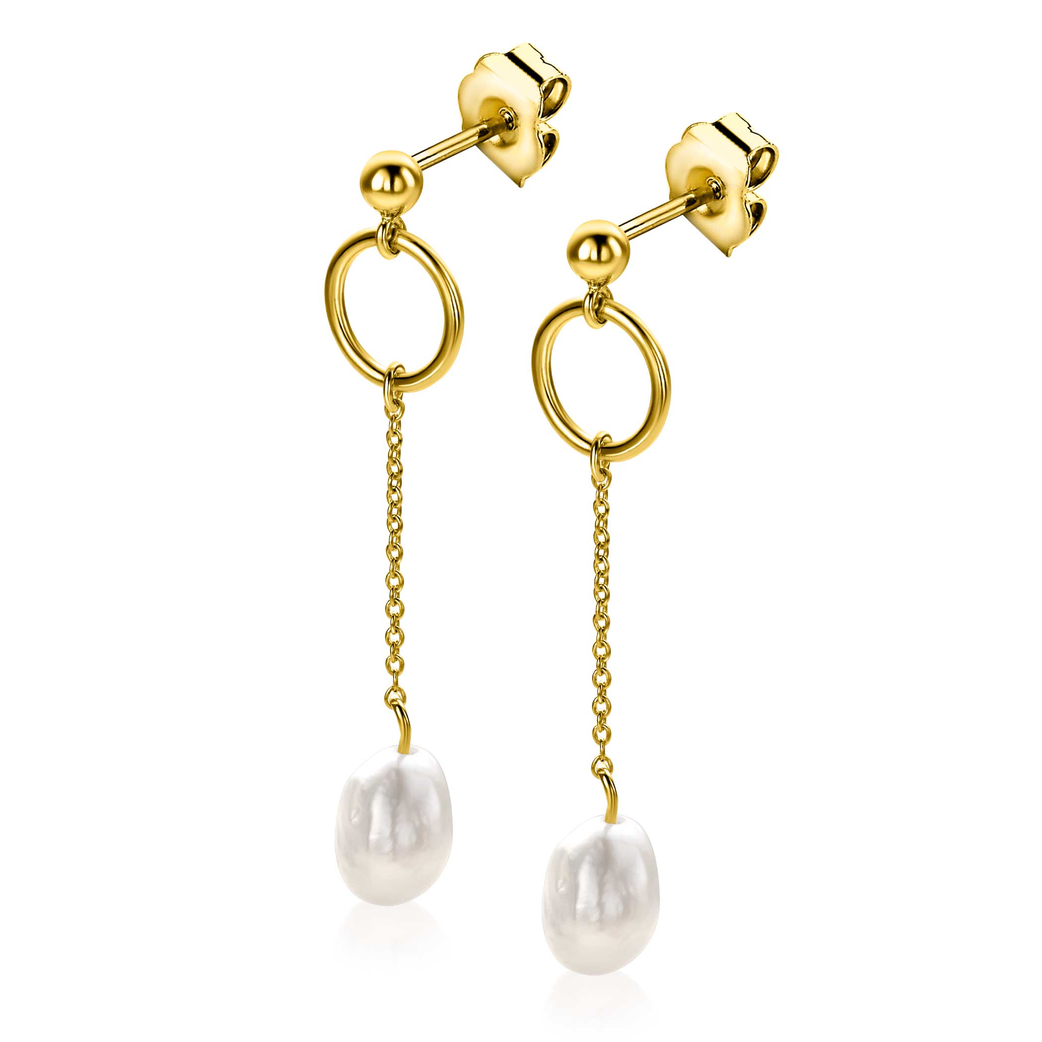 37mm ZINZI gold plated silver stud earrings with open circle and chain with dangling white freshwater pearl in organic shape ZIO2615