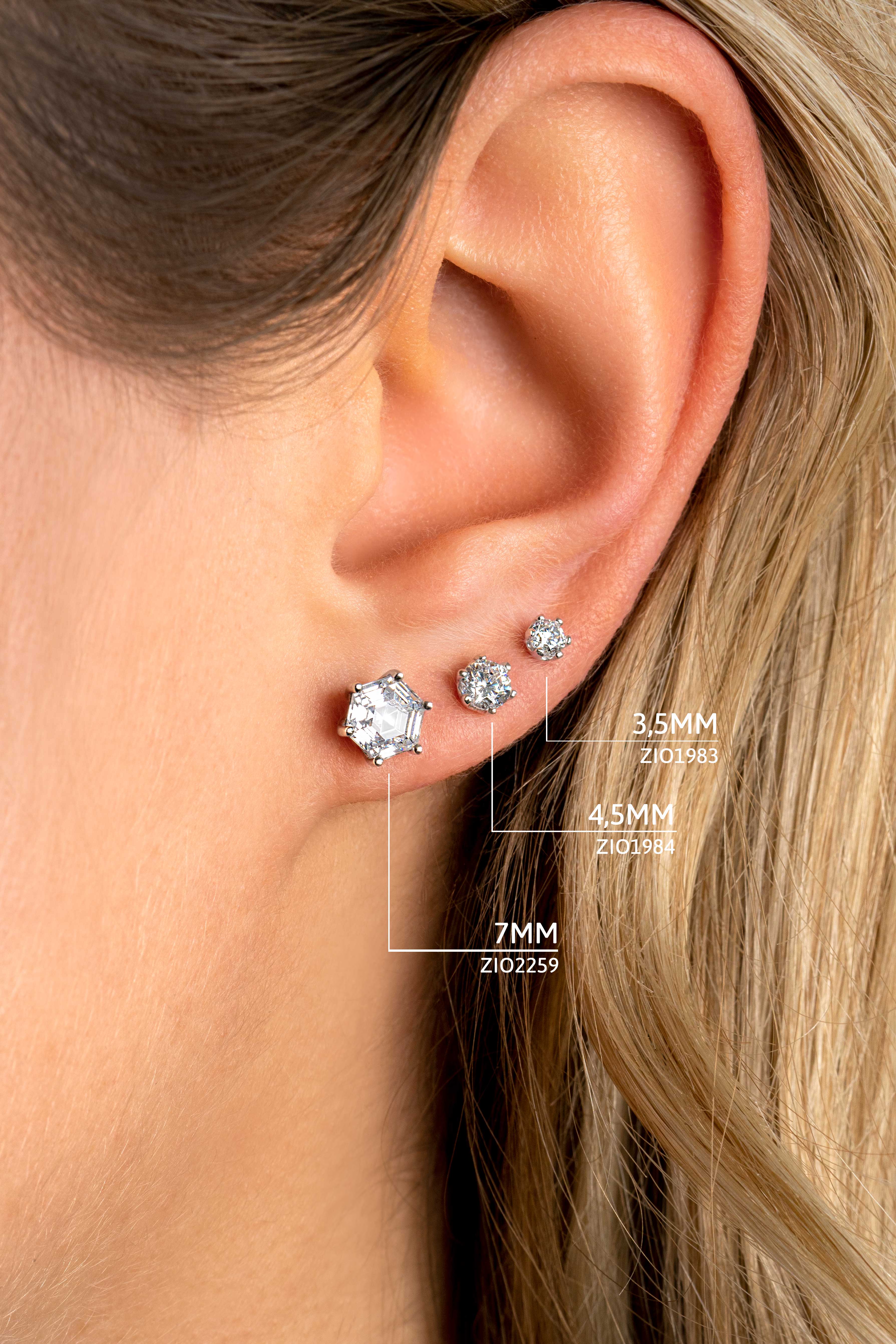 7mm ZINZI Sterling Silver Stud Earrings Hexagon with White Zirconia ZIO2259