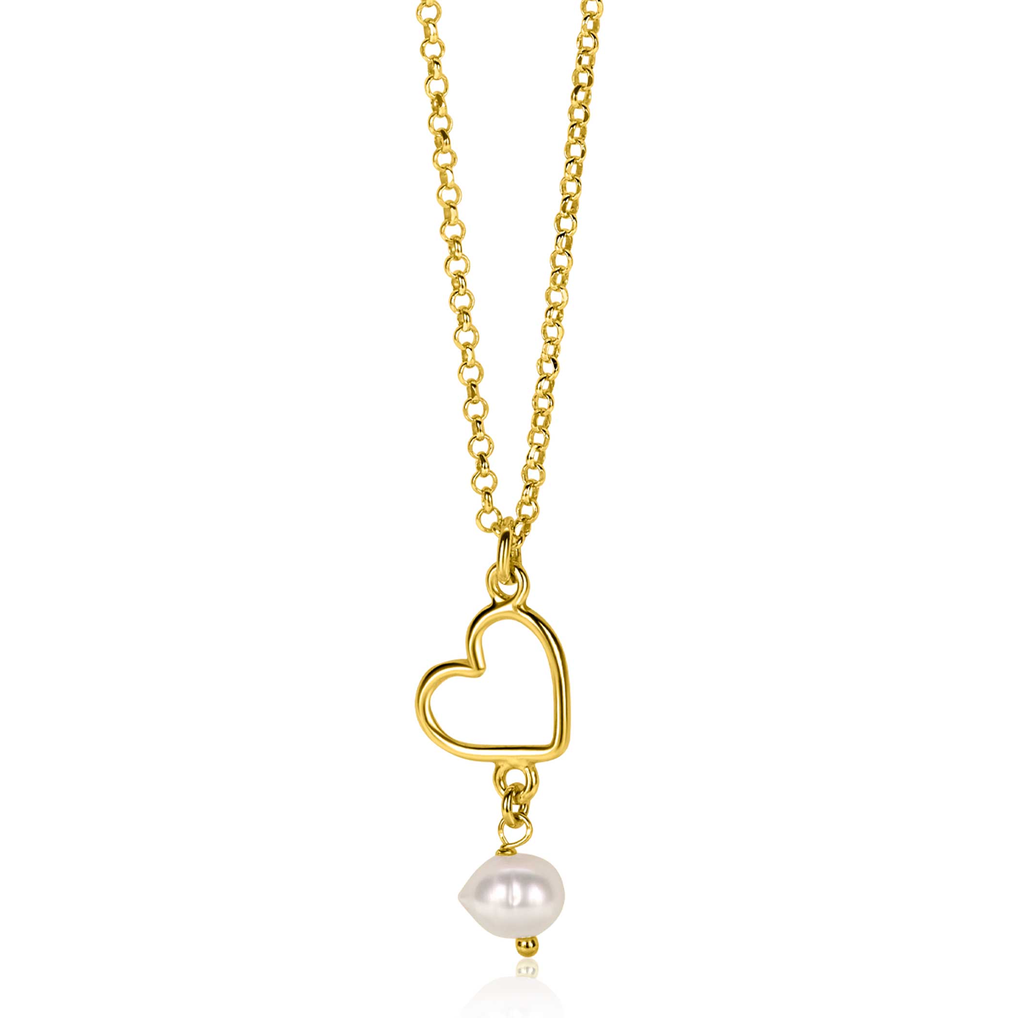 ZINZI gold plated silver necklace with open heart and dangling white freshwater pearl 40-45cm ZIC2642