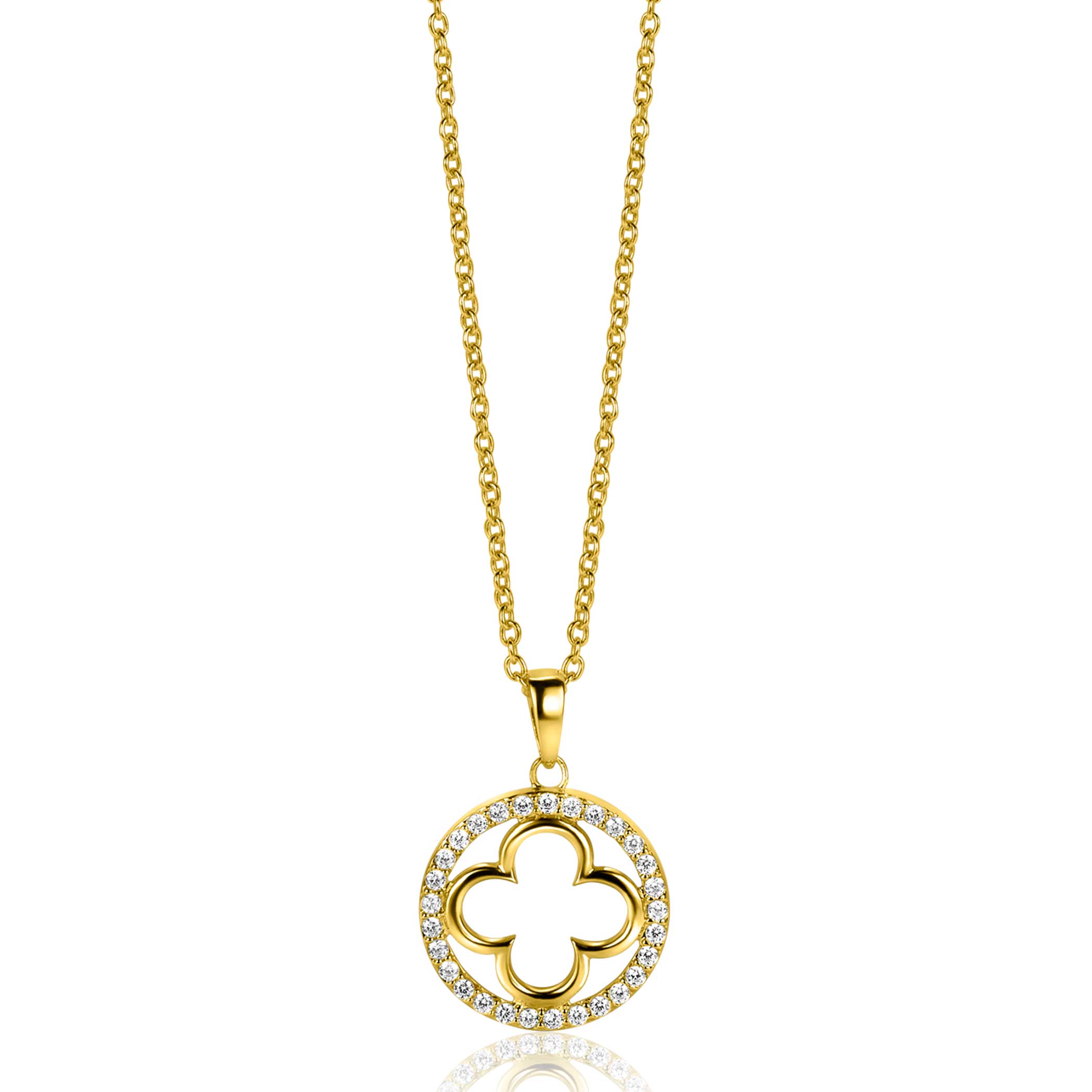 ZINZI gold plated silver necklace with luxury clover pendant (15mm) fully set with white zirconia 45-48cm ZIC2617Y