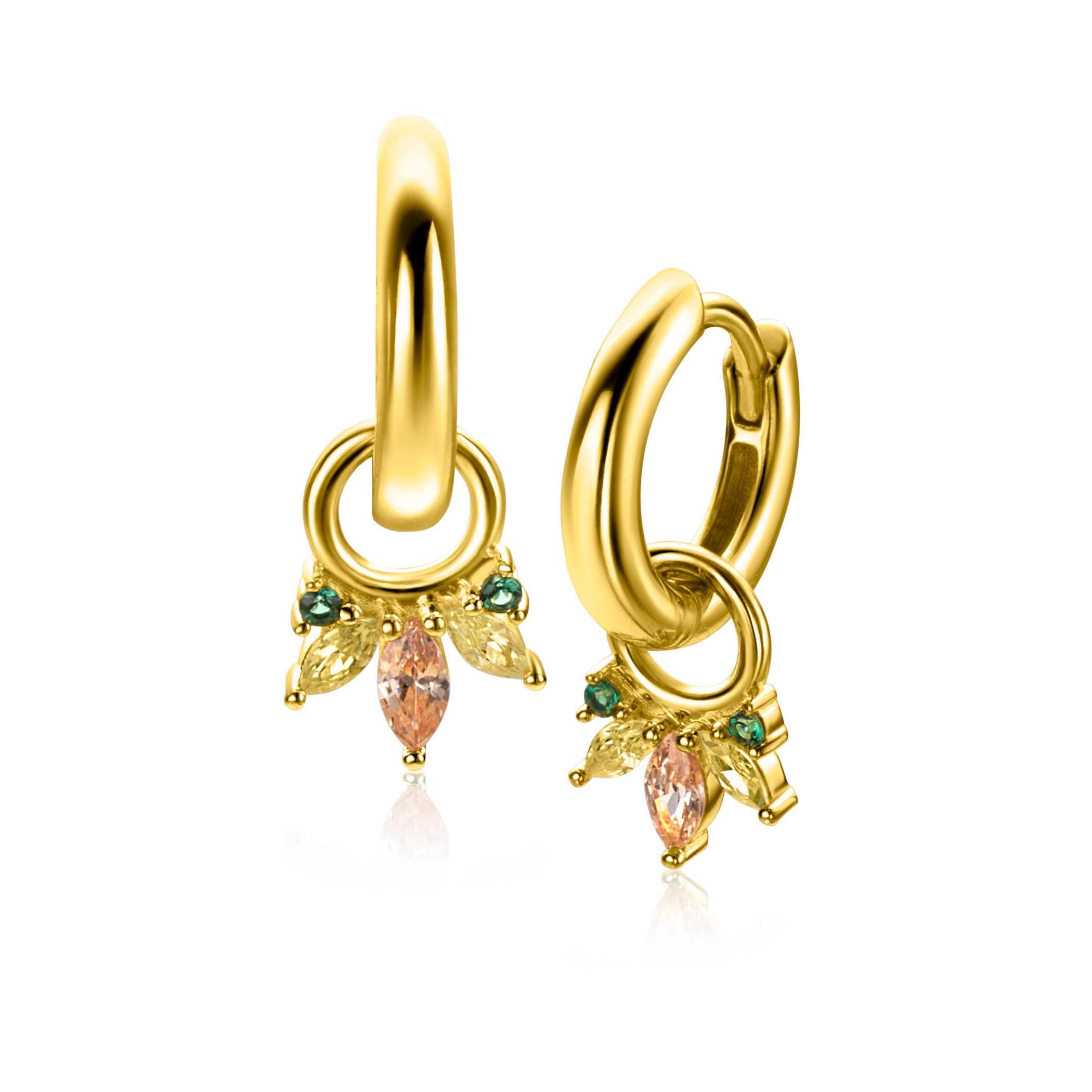 10mm ZINZI gold plated silver charm earrings with five playful settings in descending size, set with champagne, peridot and dark green gemstones ZICH2633GC (without hoops earrings)