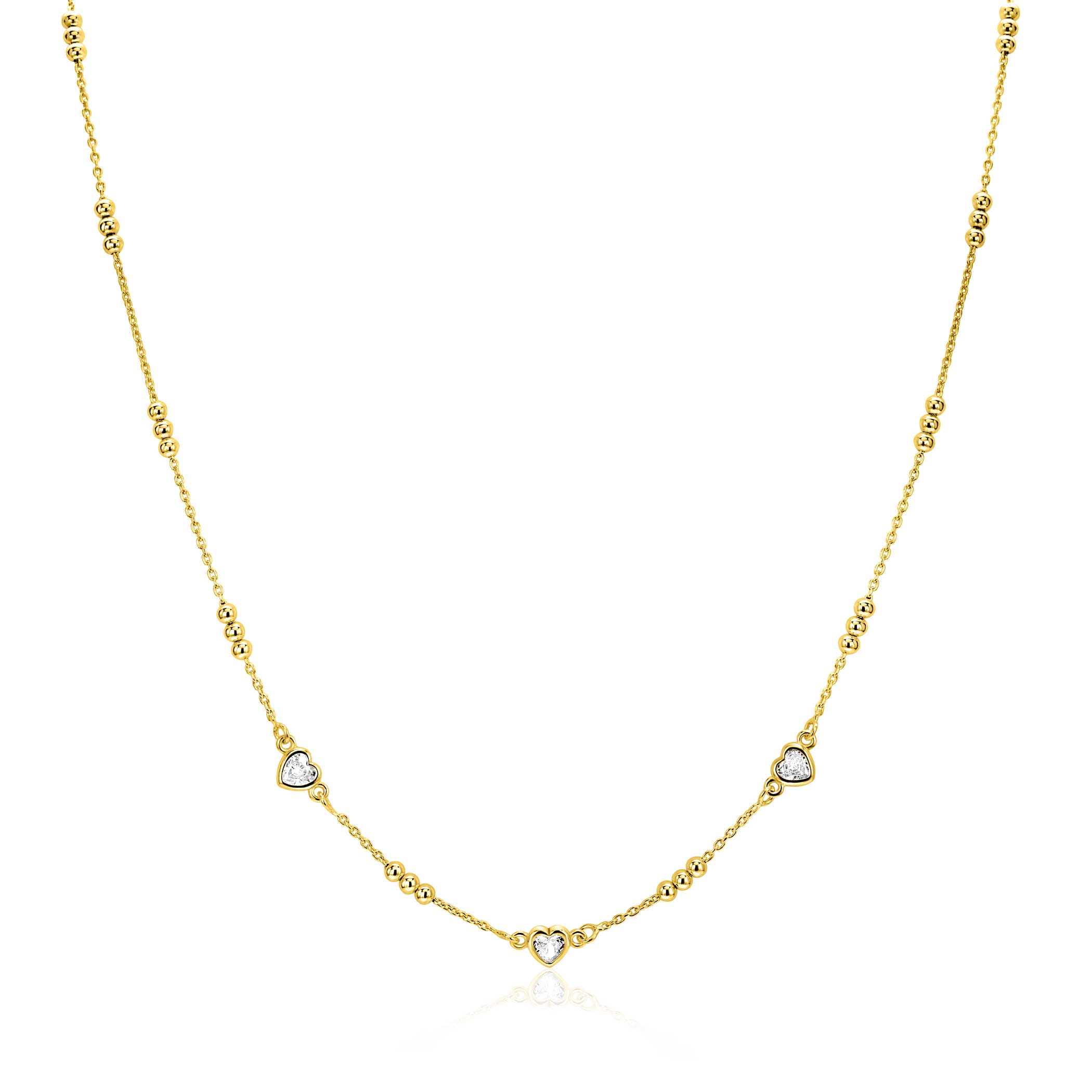 ZINZI gold plated silver link necklace with trio beads and three heart-shaped white cubic zirconias 40-45cm ZIC2679