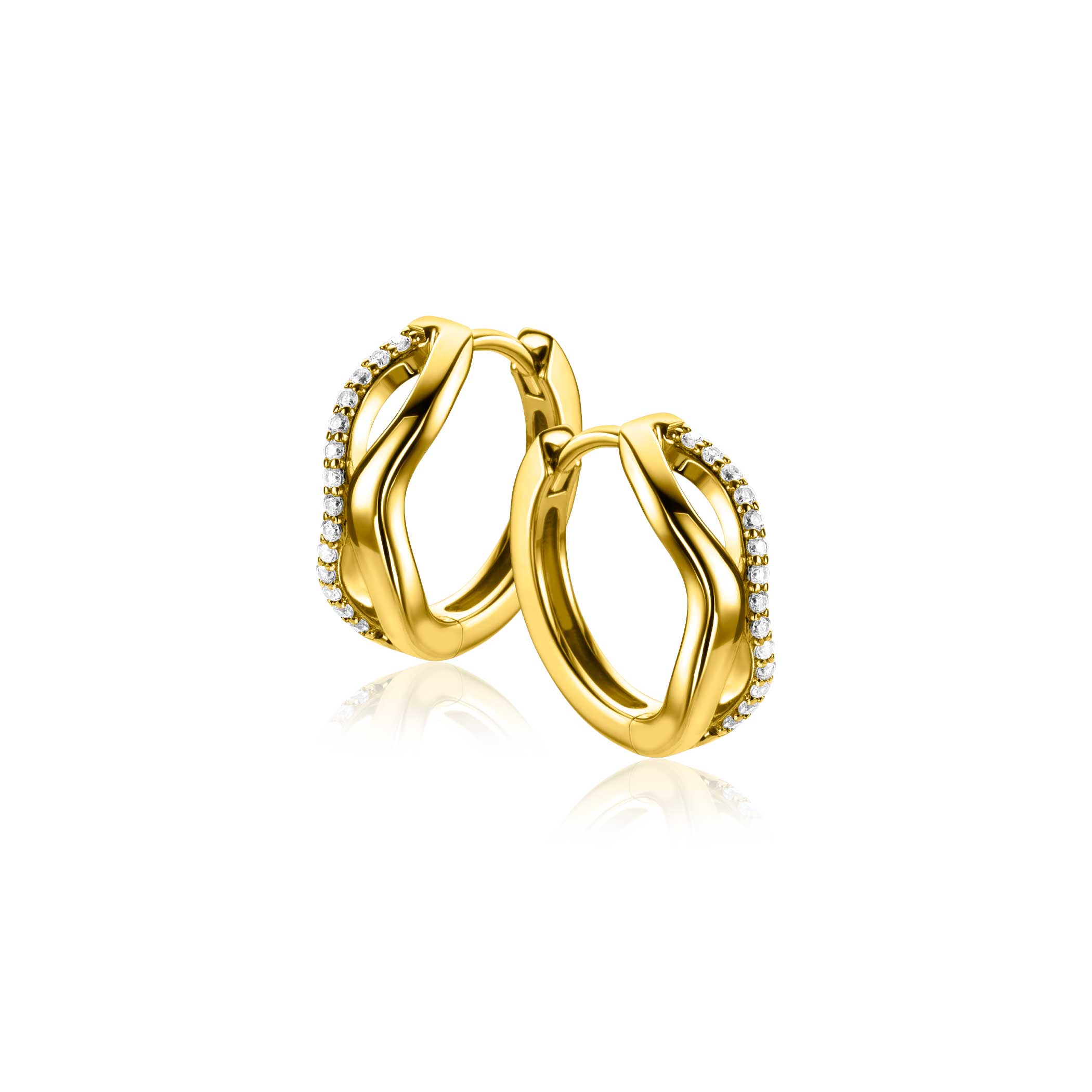 15mm ZINZI gold plated silver hoops organically shaped with two wavy lines, one of which is set with white zirconia, with luxury hinge closure ZIO2629Y