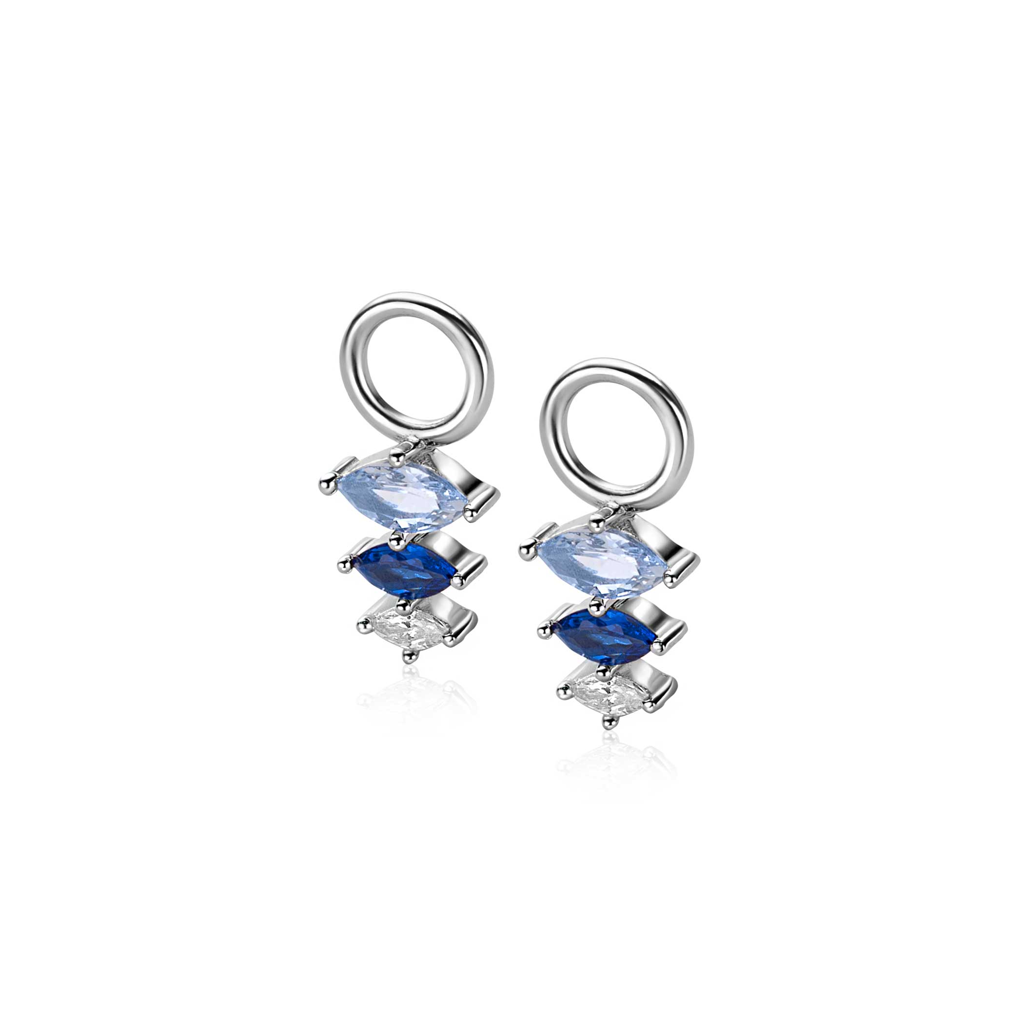 13mm ZINZI silver charm earrings with three pear-shaped settings in descending size, set with blue and white gemstones ZICH2631B (without hoops earrings)