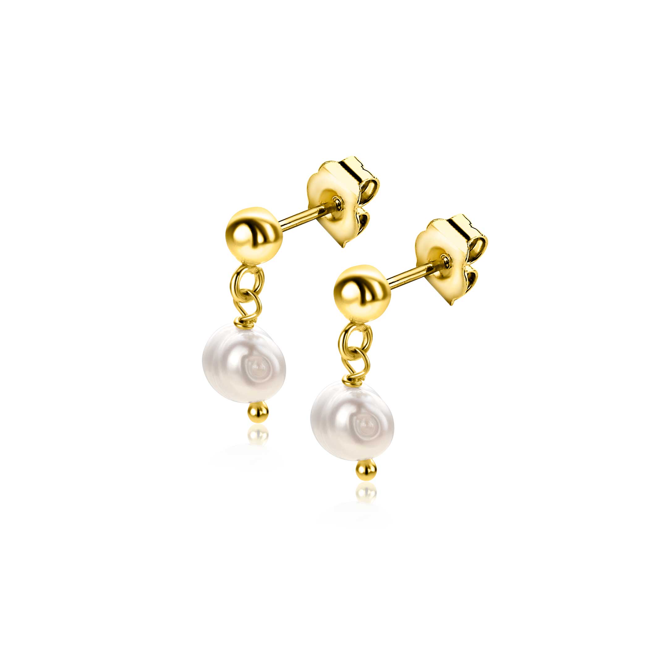 15mm ZINZI gold plated silver stud earrings with dangling white freshwater pearl 6mm in organic shape ZIO2643