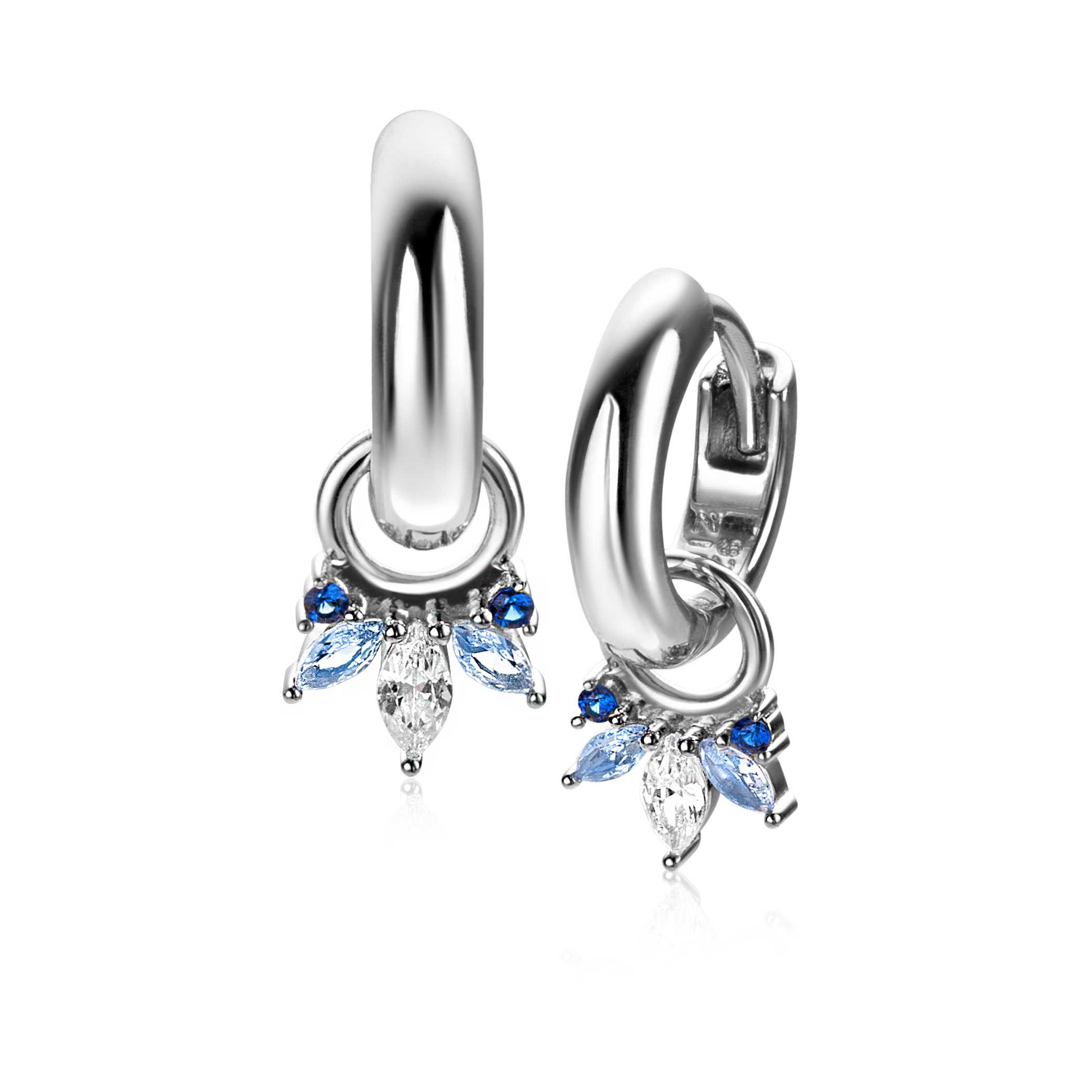 10mm ZINZI silver charm earrings with five playful settings in descending size, set with blue gemstones and white zirconias ZICH2633B (without hoops earrings)