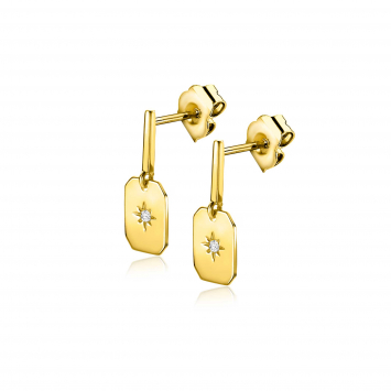 15mm ZINZI Gold 14 kt gold earrings with rectangular plate and set with white zirconia in a star setting ZGO510