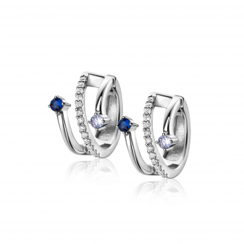 16mm ZINZI silver multi-look hoop earrings with 3 rows, set with blue gemstones and white zirconias 10mm wide with luxury hinge closure ZIO2646B