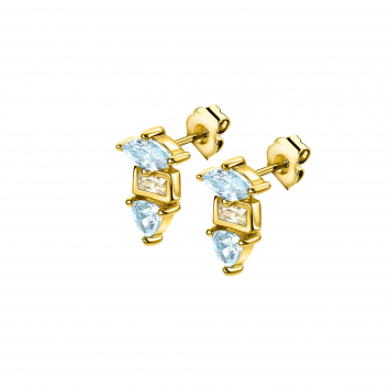 9.5mm ZINZI gold plated silver stud earrings with three different shapes of settings, set with champagne and blue stones ZIO2630BC