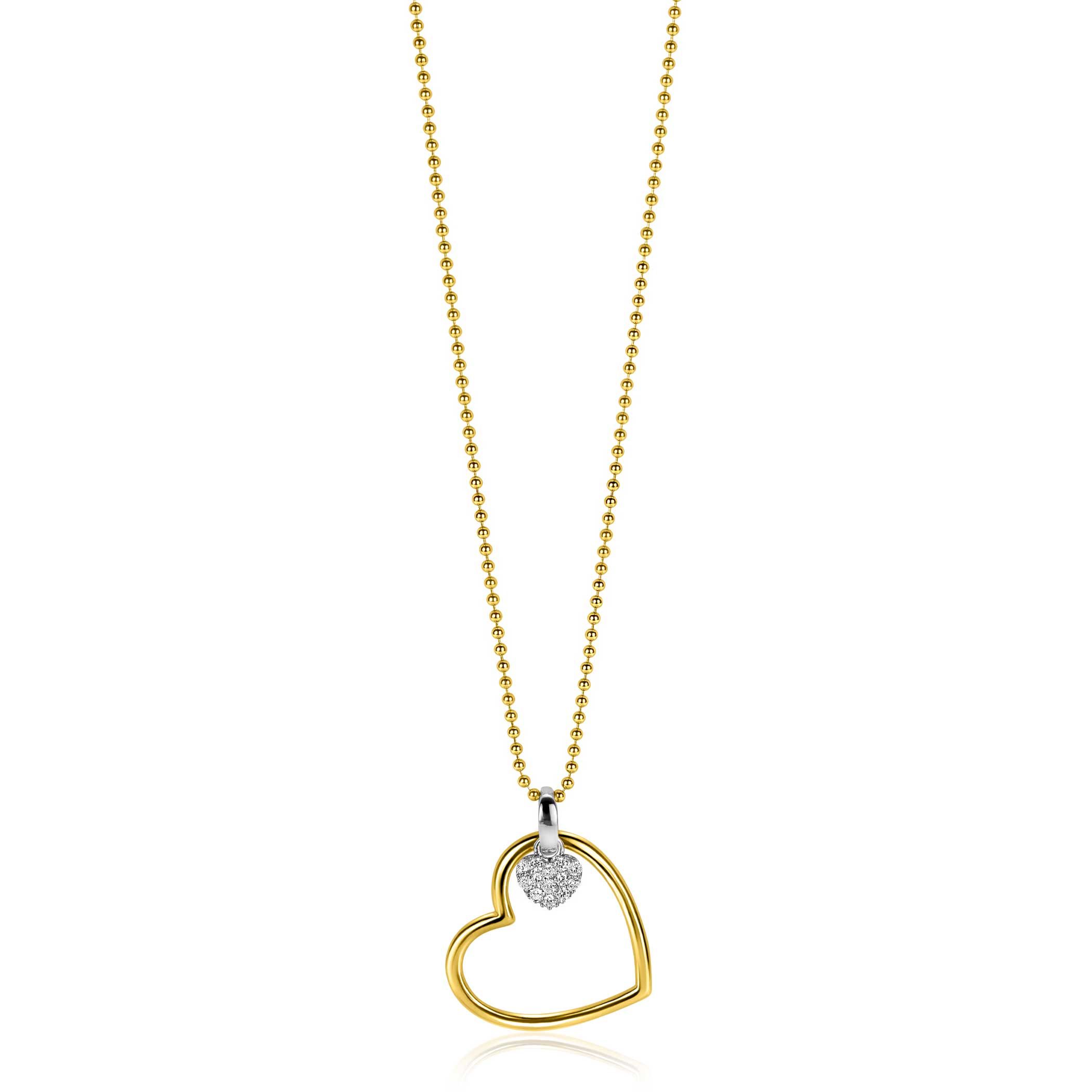 ZINZI gold plated silver bead necklace with large open heart pendant 20mm and dangling luxury heart 45-48cm ZIC2621