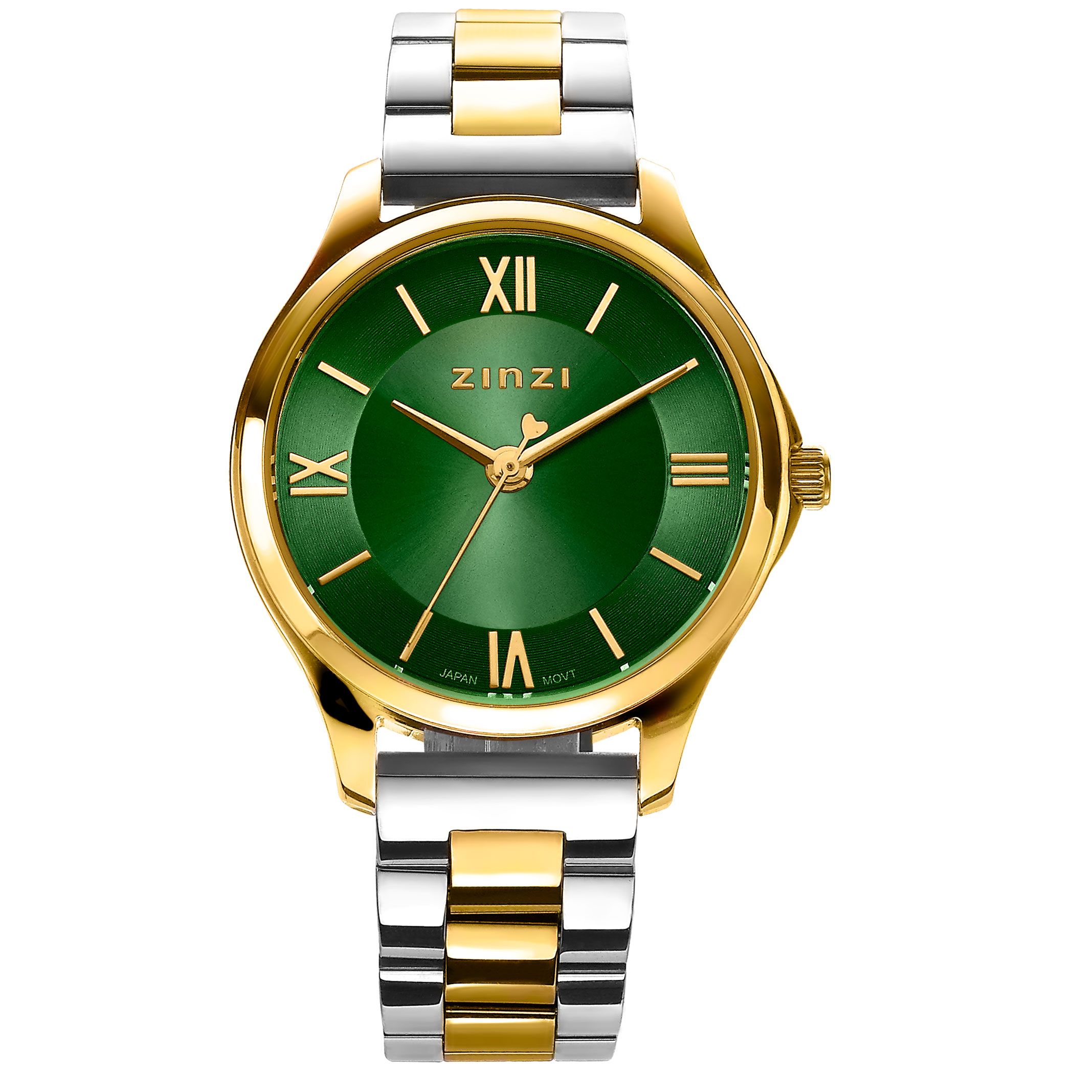 ZINZI Classy Mini horloge 30mm groene wijzerplaat goudkleurige stalen kast en bicolor band ziw1235