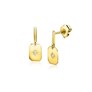 15mm ZINZI Gold 14 kt gold earrings with rectangular plate and set with white zirconia in a star setting ZGO510