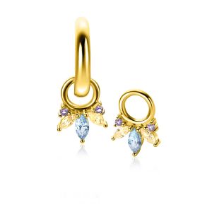 10mm ZINZI gold plated silver charm earrings with five playful settings in descending size, set with purple, champagne and blue gemstones ZICH2633BC (without hoops earrings)