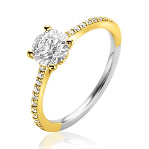 ZINZI gold plated silver engagement ring with a large round white zirconia (6.5mm) in claw setting and small heart on the side ZIR2696Y