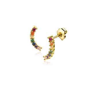 10mm ZINZI gold plated silver stud earrings with wave set with rainbow coloured stones ZIO2592