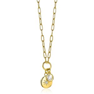 ZINZI Gold Plated Sterling Silver Necklace Coin Pendant with Star and Round Pendant White Zirconia 45cm ZIC1994G