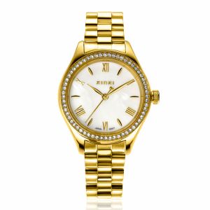 ZINZI Tresor watch 32mm set with white zirconia stones, mother-of-pearl dial, and gold-colored stainless steel case and link bracelet ZIW2434