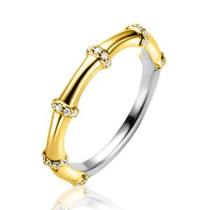 ZINZI gold plated silver stacking ring (3.5mm wide) bamboo design, set with white zirconia ZIR2687Y