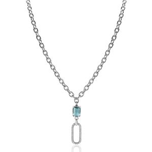 ZINZI Sterling Silver Fantasy Chain Necklace with Oval Pendant Set with White Zirconias and Green/Blue (Petrol) Color Stone in Prong Setting 45cm ZIC2487