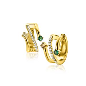 16mm ZINZI gold plated silver multi-look hoop earrings with 3 rows, set with green gemstones and white zirconias 10mm wide with luxury hinge closure ZIO2646G