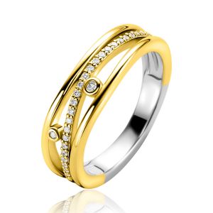 ZINZI gold plated silver multi-look ring (6mm wide) in wavy design set with white cubic zirconias ZIR2685