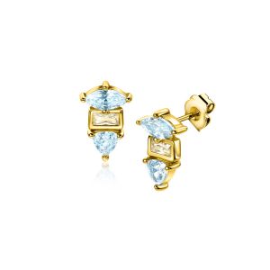 9.5mm ZINZI gold plated silver stud earrings with three different shapes of settings, set with champagne and blue stones ZIO2630BC