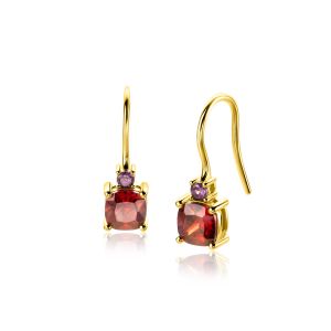 19mm ZINZI Gold Plated Sterling Silver Drop Earrings Prong Settings Red Garnet and Purple Color Stones ZIO2563H