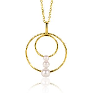 34mm ZINZI gold plated silver round fantasy pendant set with three round white freshwater pearls ZIH2616 (without necklace)