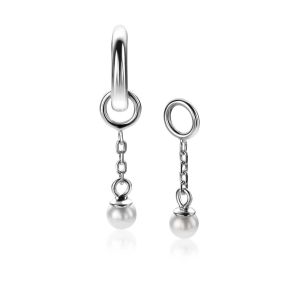 18mm ZINZI silver charm earrings with chain and round white glass pearl 4mm ZICH2623 (without hoops earrings)