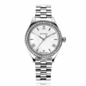 ZINZI Tresor watch 32mm set with white zirconia stones, mother-of-pearl dial, and silver-colored stainless steel case and link bracelet ZIW2417