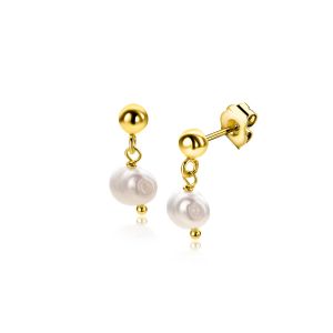 15mm ZINZI gold plated silver stud earrings with dangling white freshwater pearl 6mm in organic shape ZIO2643