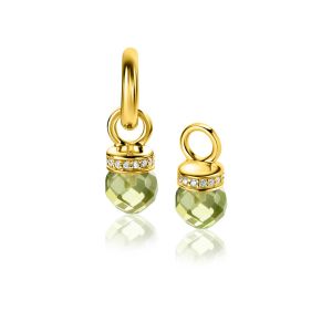 15mm ZINZI Gold Plated Sterling Silver Earrings Pendants with Round Green Peridot Color Stones and White Zirconias ZICH2428 (excl. hoop earrings)