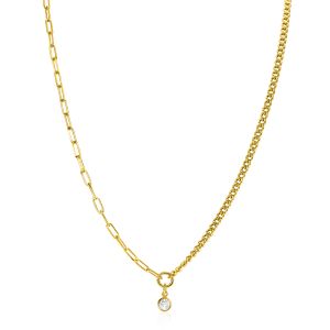 ZINZI Gold Plated Sterling Silver Necklace with 2 Trendy Chains Combined: Curb and Paperclip Chain. With a Dangling White Zirconia 40-45cm ZIC2480