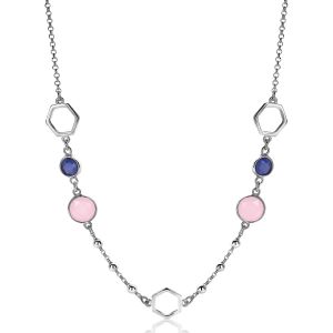 ZINZI Sterling Silver Fantasy Necklace Open Hexagons and Blue and Pink Color Stones 45cm ZIC2002