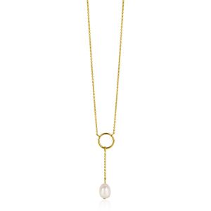 ZINZI gold plated silver Y-necklace with open circle and dangling white freshwater pearl in organic shape 42-45cm ZIC2615