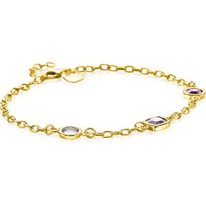 ZINZI Gold Plated Sterling Silver Chain Bracelet with Round and Square Settings with Pastel and Purple Color Stone 17-20cm ZIA2525G