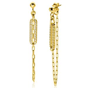 60mm ZINZI Gold Plated Sterling Silver Stud Earrings with Paperclip Chain and Open Oval White Zirconias ZIO2538