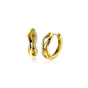 15mm ZINZI gold plated silver hoops organically shaped with two wavy lines, one of which is set with white zirconia, with luxury hinge closure ZIO2629Y