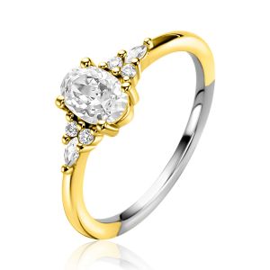 ZINZI gold-plated silver engagement ring with a large oval white zirconia (7mm) and smaller zirconia, with a small heart on the side ZIR2698Y