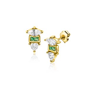 9.5mm ZINZI gold plated silver stud earrings with three different shapes of settings, set with green and white stones ZIO2630G