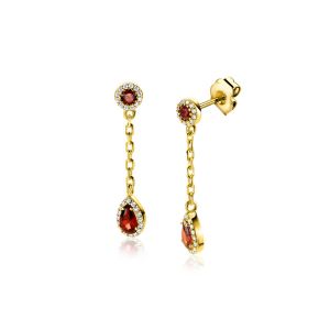 25mm ZINZI Gold Plated Sterling Silver Stud Earrings with White Zirconias, Chain and Dangling Red Garnet Color Stone ZIO2560